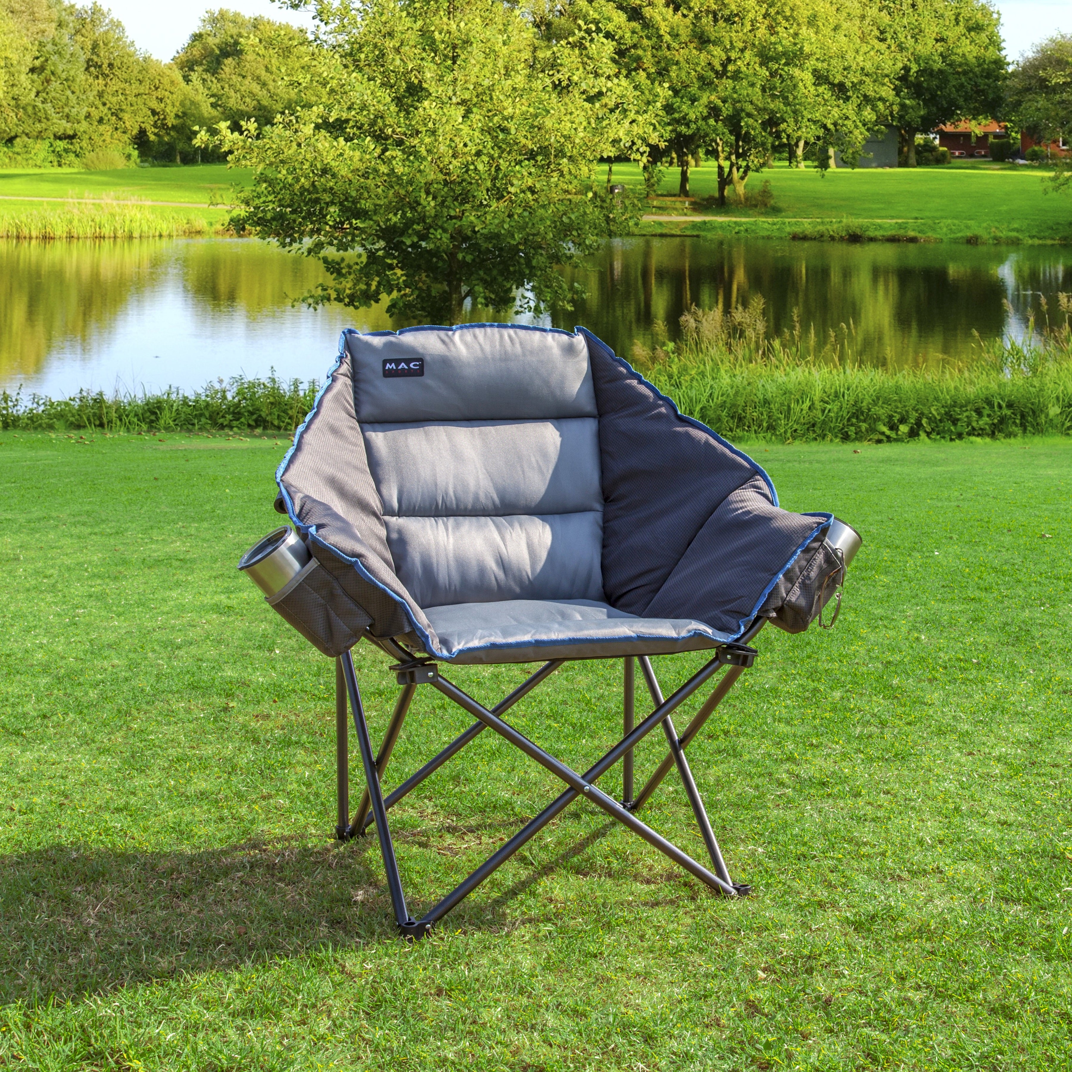 MacSports Padded Camping Lounge Club Chair, Portable Folding with Cup Holder, Dark Gray, 500 lbs Weight capacity