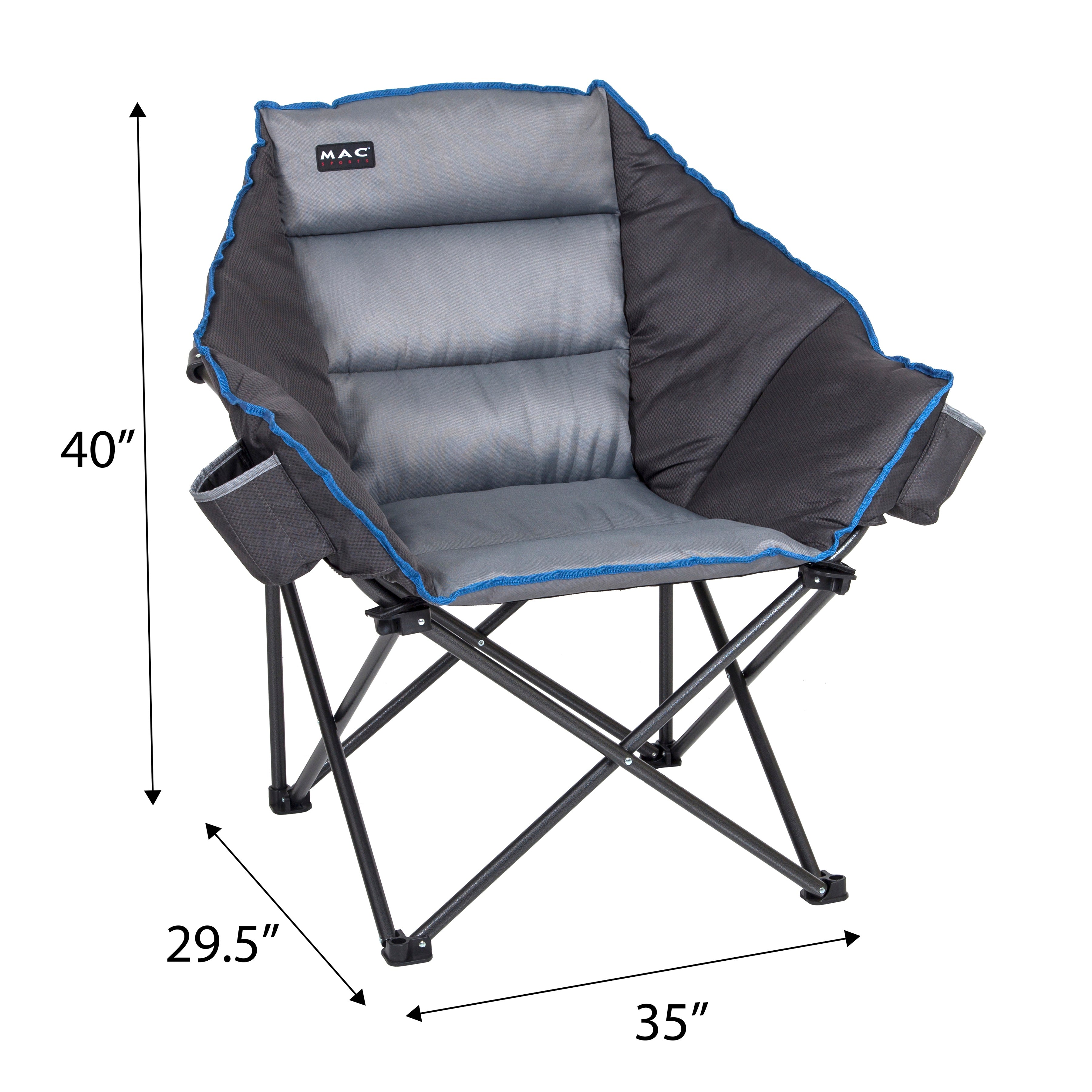 MacSports Padded Camping Lounge Club Chair, Portable Folding with Cup Holder, Dark Gray, 500 lbs Weight capacity